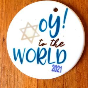 Oy to the world, 3 inch white ceramic ornament